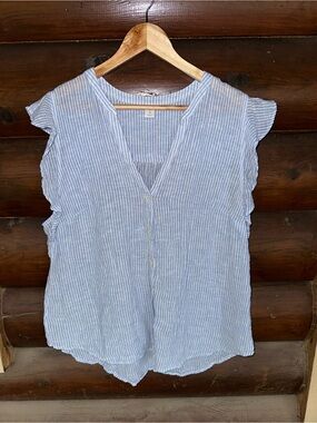 Blue & White stripe Cotton/linen blend V-Neck Blouse